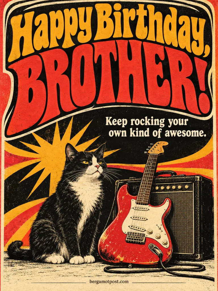 Keep Rocking, Brother: Retro Rock Poster Birthday Image with a Cat and a Guitar