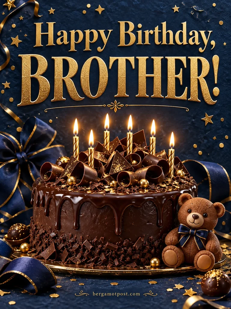 Happy Birthday Brother Image with Chocolate Cake and Gold Candles