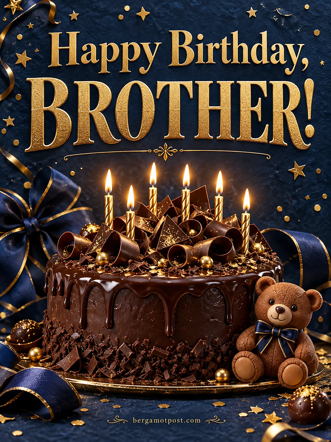 Happy Birthday Brother Image with Chocolate Cake and Gold Candles