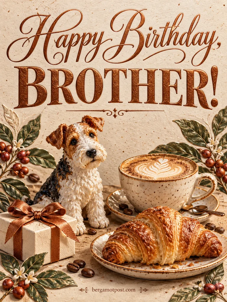 Happy Birthday Brother Images: Morning Coffee, Croissant and Wire Fox Terrier