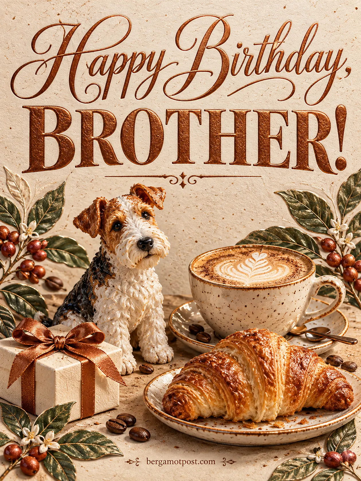 Happy Birthday Brother Images: Morning Coffee, Croissant and Wire Fox Terrier