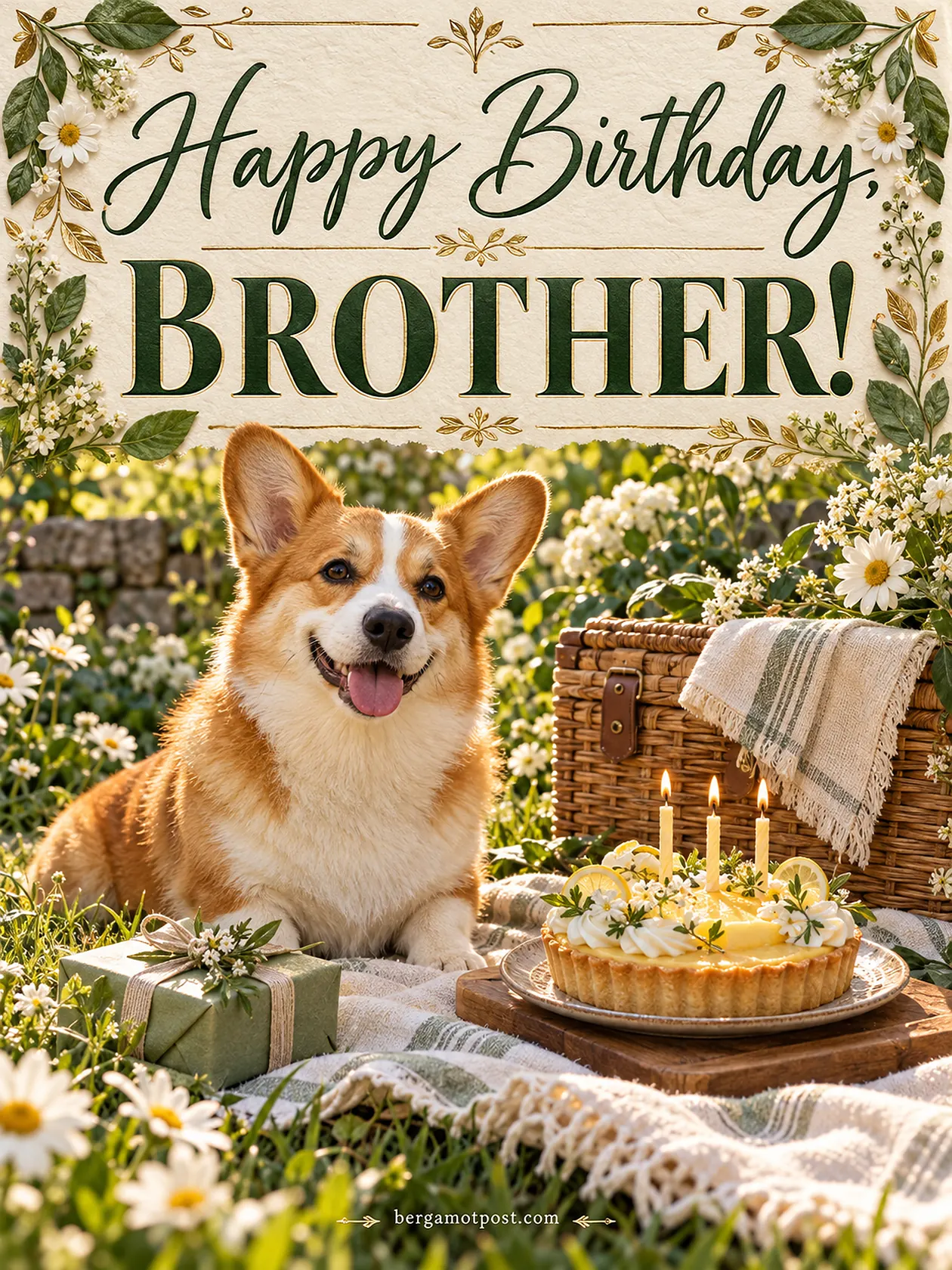 Happy Birthday Brother Picnic Image with Corgi, Lemon Tart and Daisies