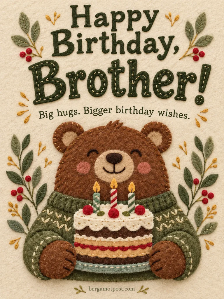 Big Hugs, Brother: Felt Bear Happy Birthday Wishes Image with a Cake