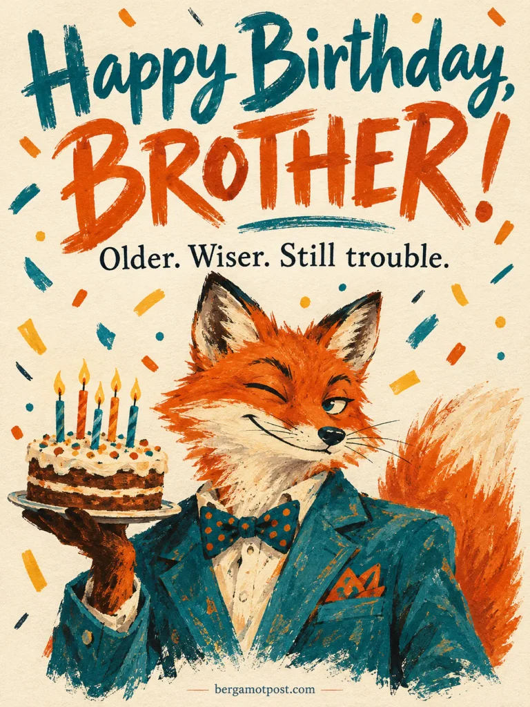 Older. Wiser. Still Trouble. Funny Happy Birthday Brother Image with a Fox