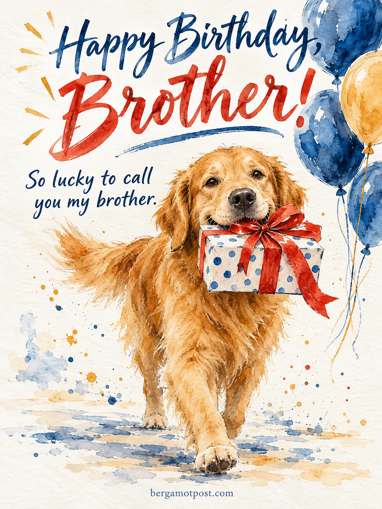 Happy Birthday, Brother! Golden Retriever with a Gift: Watercolor Image and Wishes