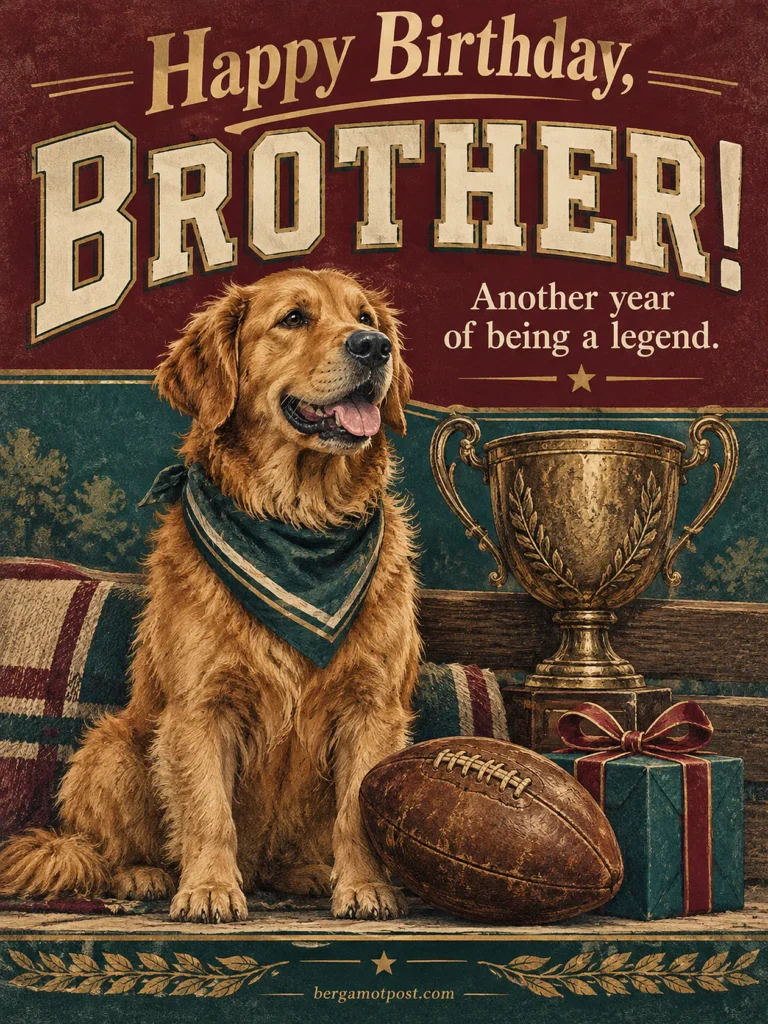 Another Year of Being a Legend: Vintage Happy Birthday Brother Image with a Golden Retriever