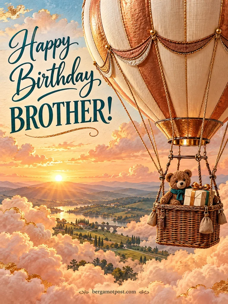 Happy Birthday Wishes for Brother with Teddy Bear in a Hot Air Balloon
