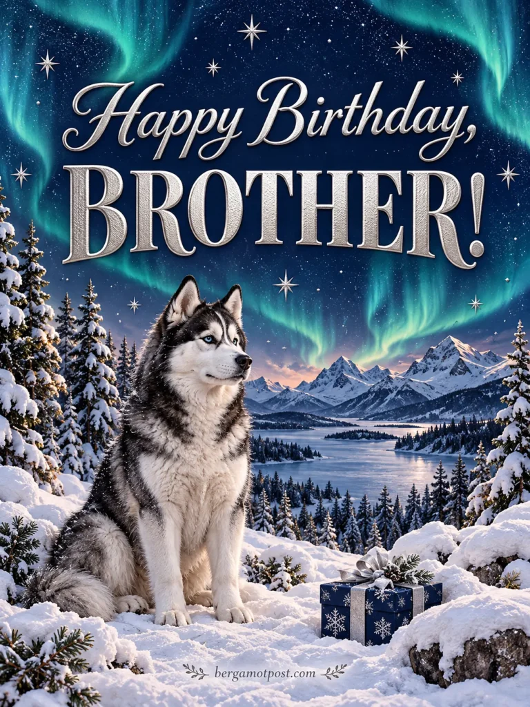 Happy Birthday Brother Image with Husky Under the Northern Lights