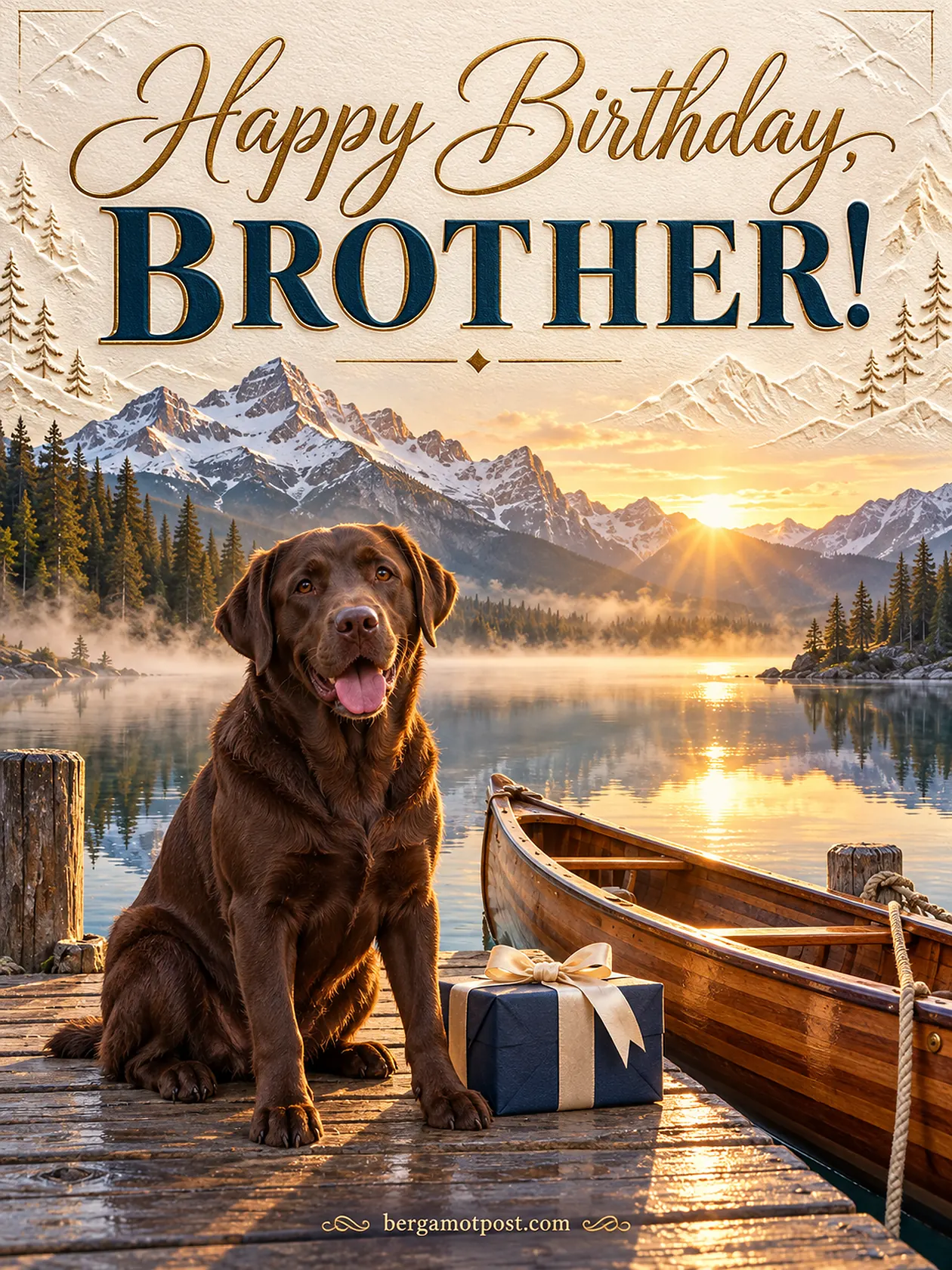 Happy Birthday Wishes for Brother with Labrador on a Mountain Lake Dock