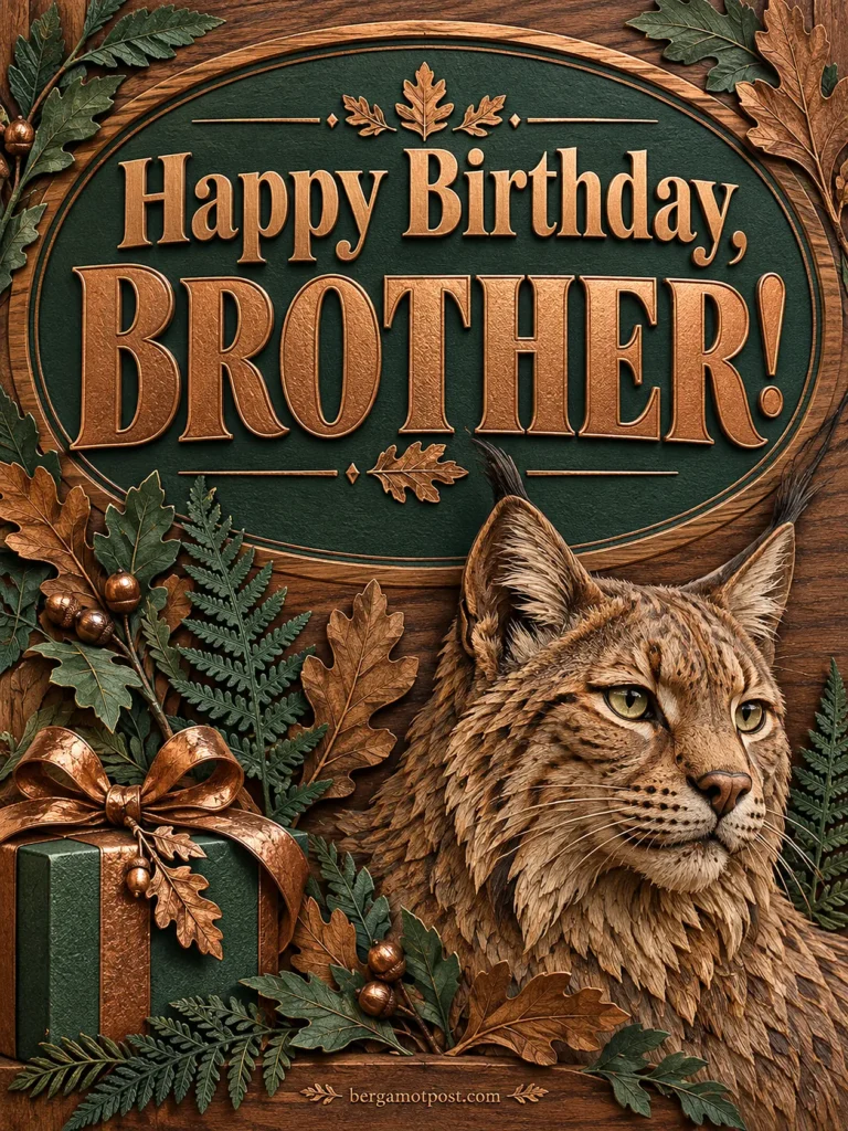 Happy Birthday Brother Image with Lynx, Oak Leaves and Copper Lettering
