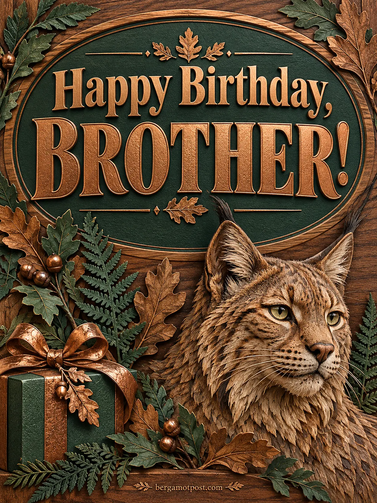 Happy Birthday Brother Image with Lynx, Oak Leaves and Copper Lettering