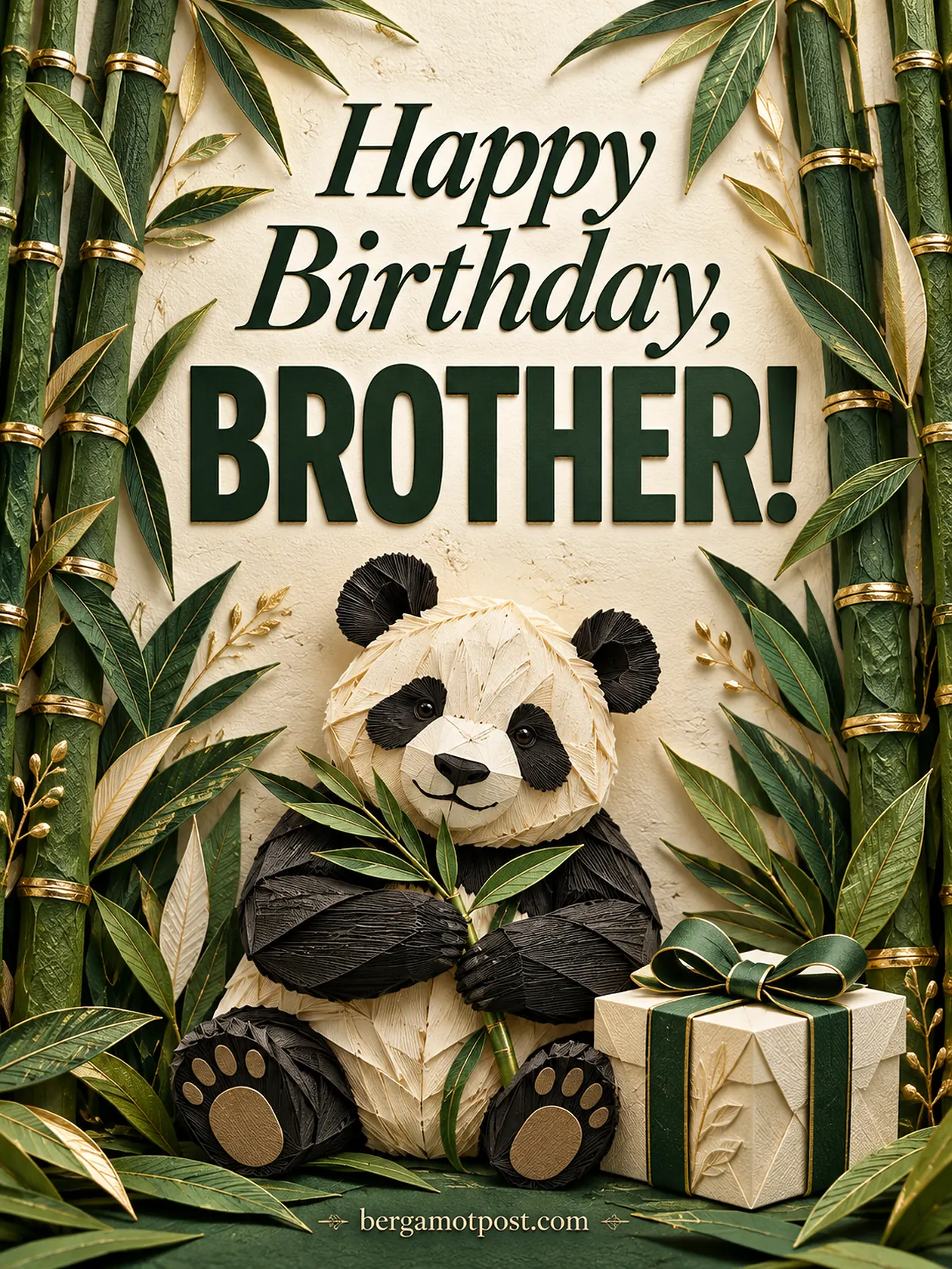 Happy Birthday Brother Image with Paper Panda in a Bamboo Grove
