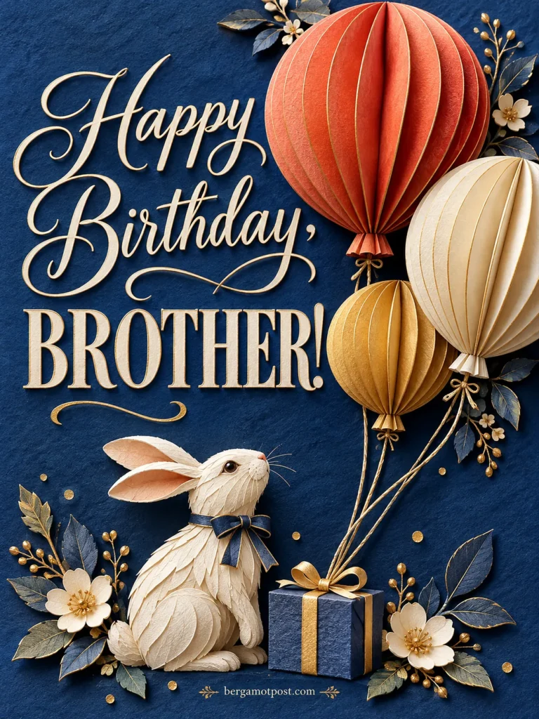 Happy Birthday Brother Image with Paper Balloons and White Rabbit