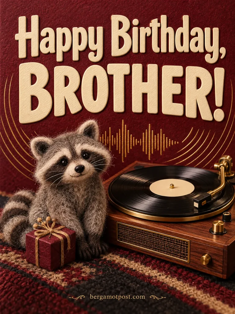 Happy Birthday Brother Wishes Image with Raccoon and Vintage Record Player