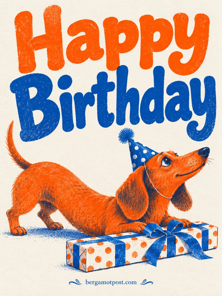 Happy Birthday Wishes — Dachshund in a Party Hat with a Gift