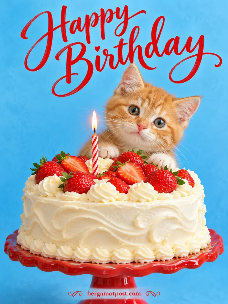 Happy Birthday Image with a Ginger Kitten and a Strawberry Cake