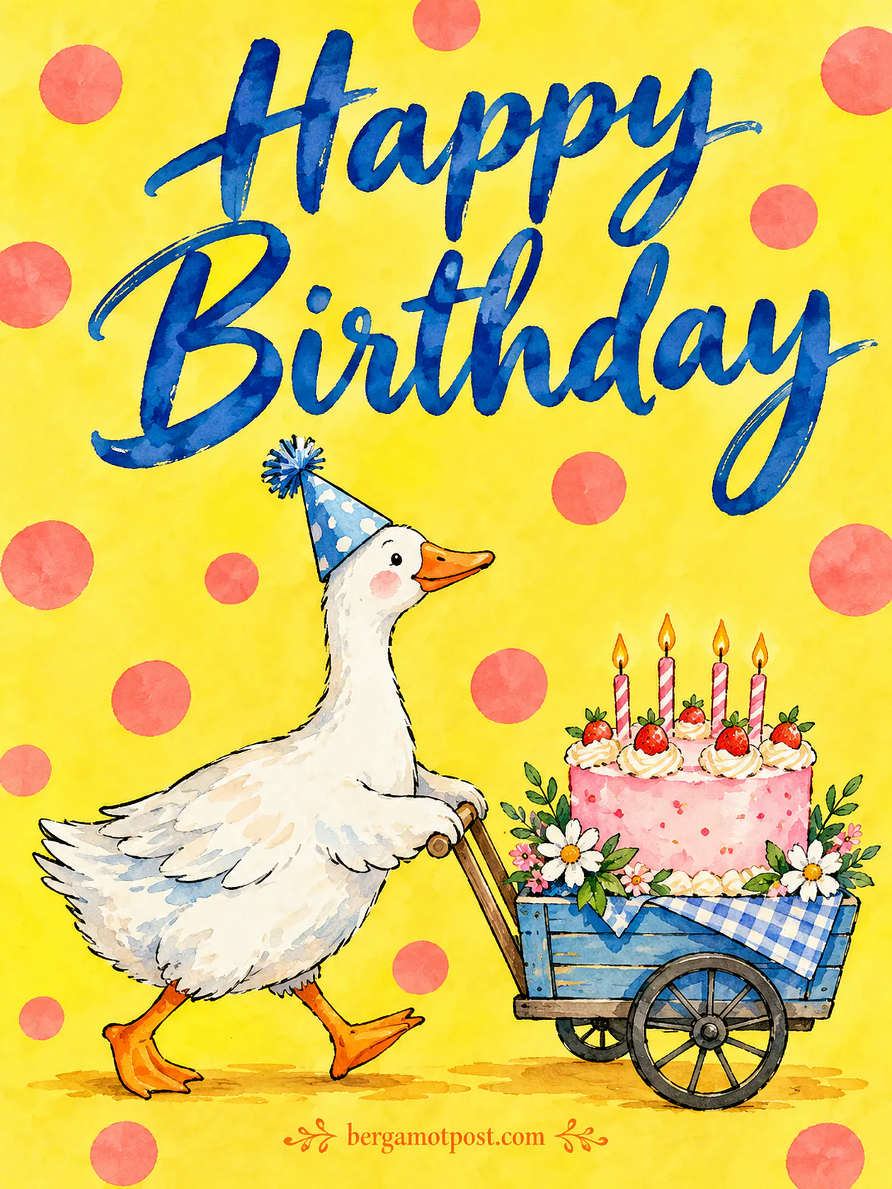 Happy Birthday Wishes Image — Goose Bringing a Strawberry Cake