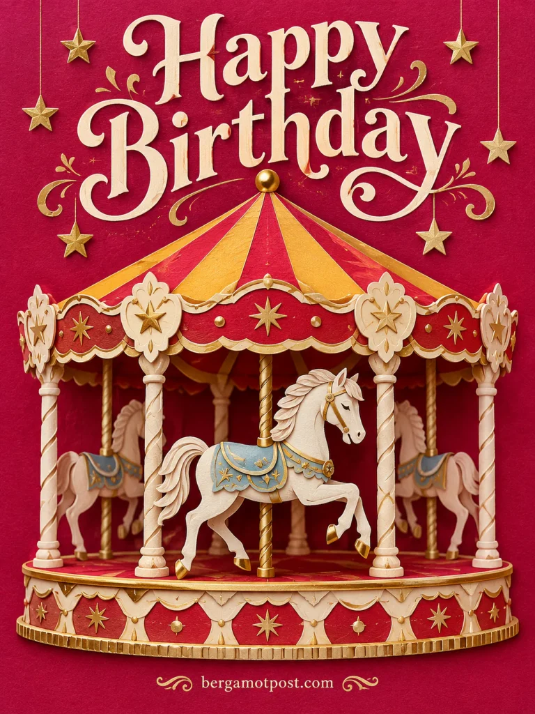 Happy Birthday Image and Wishes — Paper Carousel in Red and Gold