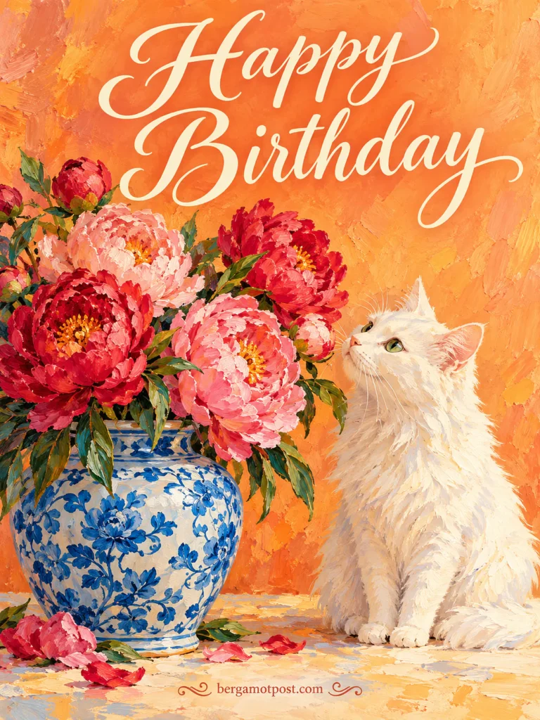 Happy Birthday Flowers Image — Peonies and a White Cat