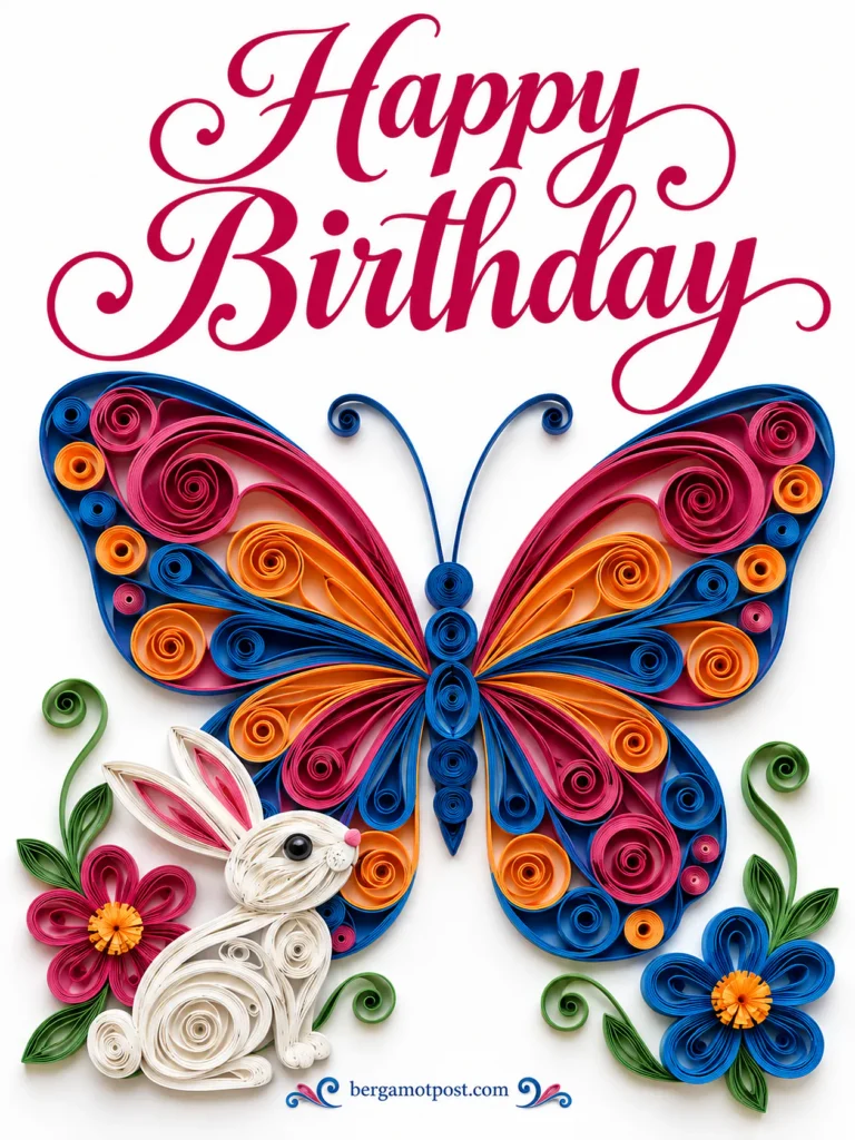 Happy Birthday Wishes Image — Paper Quilled Butterfly and Bunny