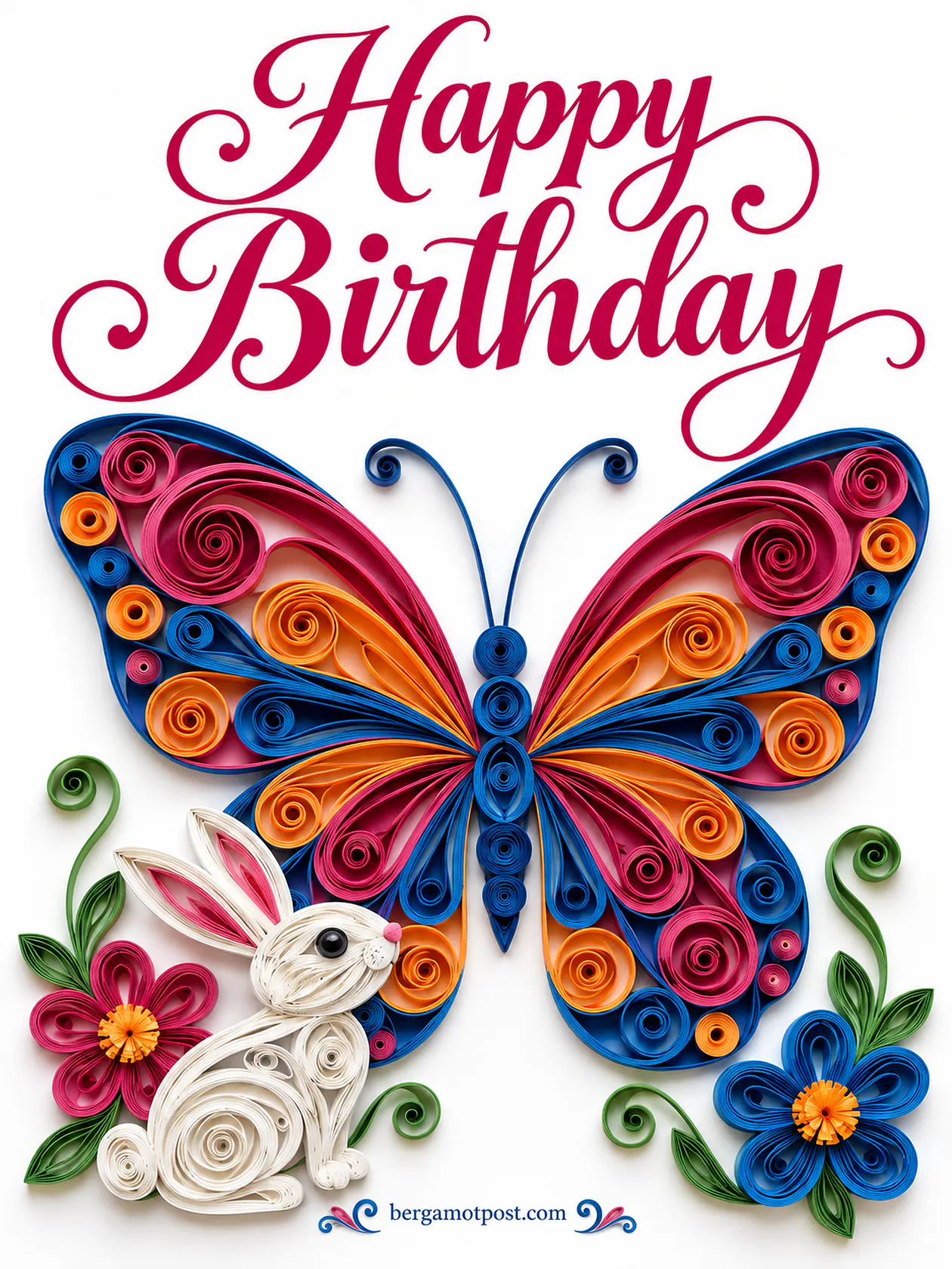 Happy Birthday Wishes Image — Paper Quilled Butterfly and Bunny