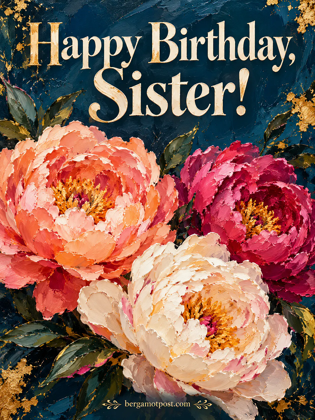 Oil Painted Peonies Birthday Wishes Image for Sister with Gold Leaf