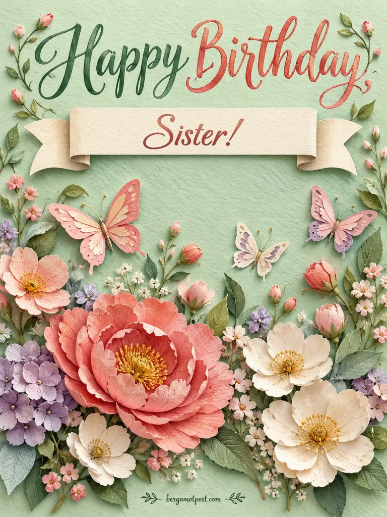 Happy Birthday Sister Wishes Video with Paper Flowers and Butterflies, Personalized with Her Name