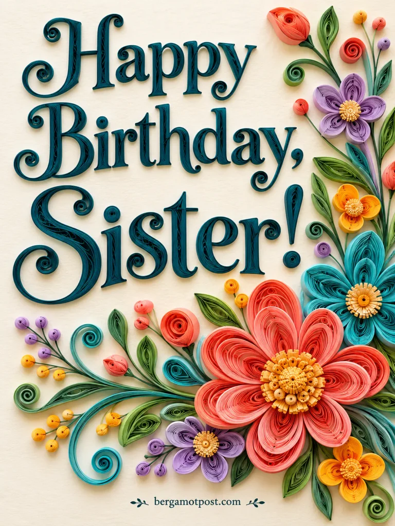Paper Quilling Happy Birthday Sister Image with Curled Paper Flowers