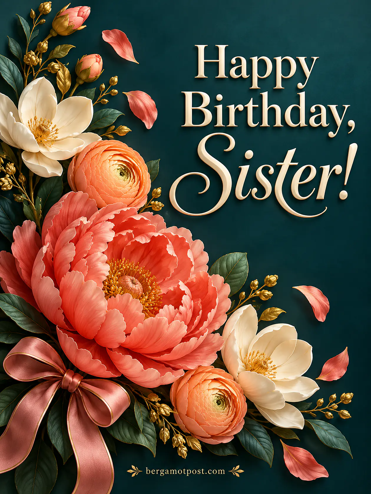 Happy Birthday, Sister! Coral Peony and Magnolia Bouquet Image with Wishes