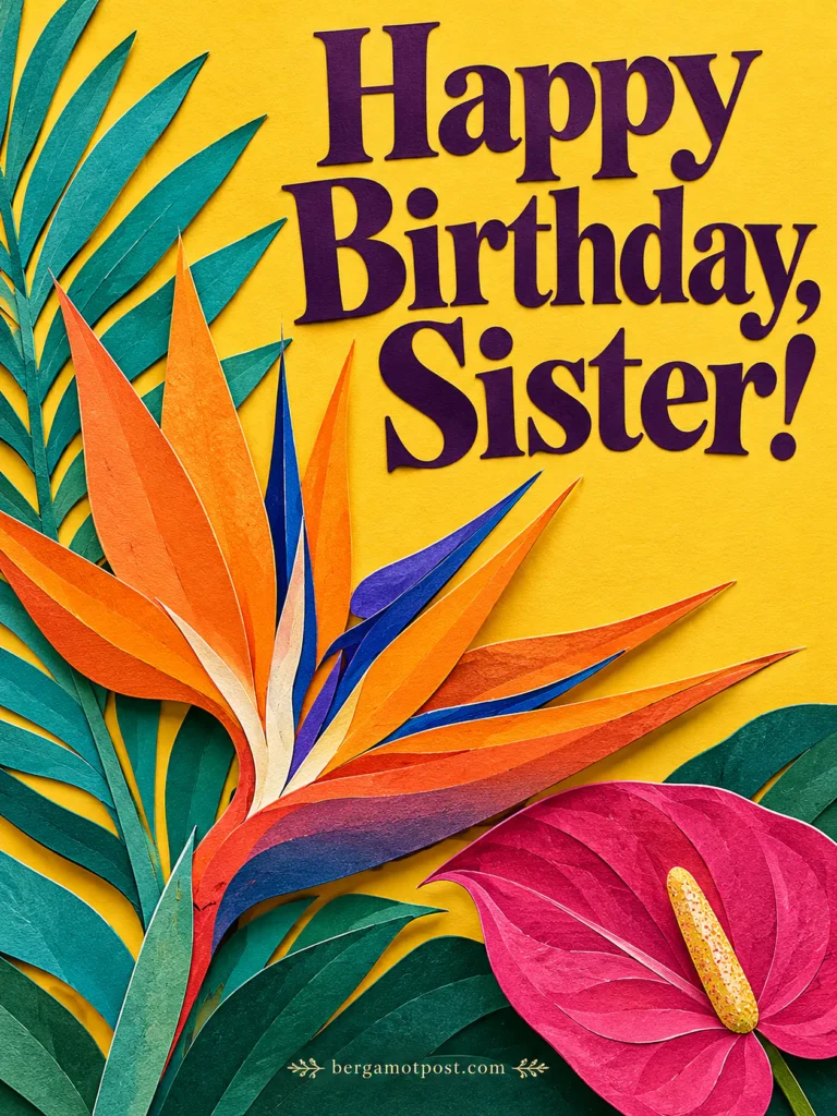 Tropical Paper Cut Happy Birthday Sister Image with Bird of Paradise
