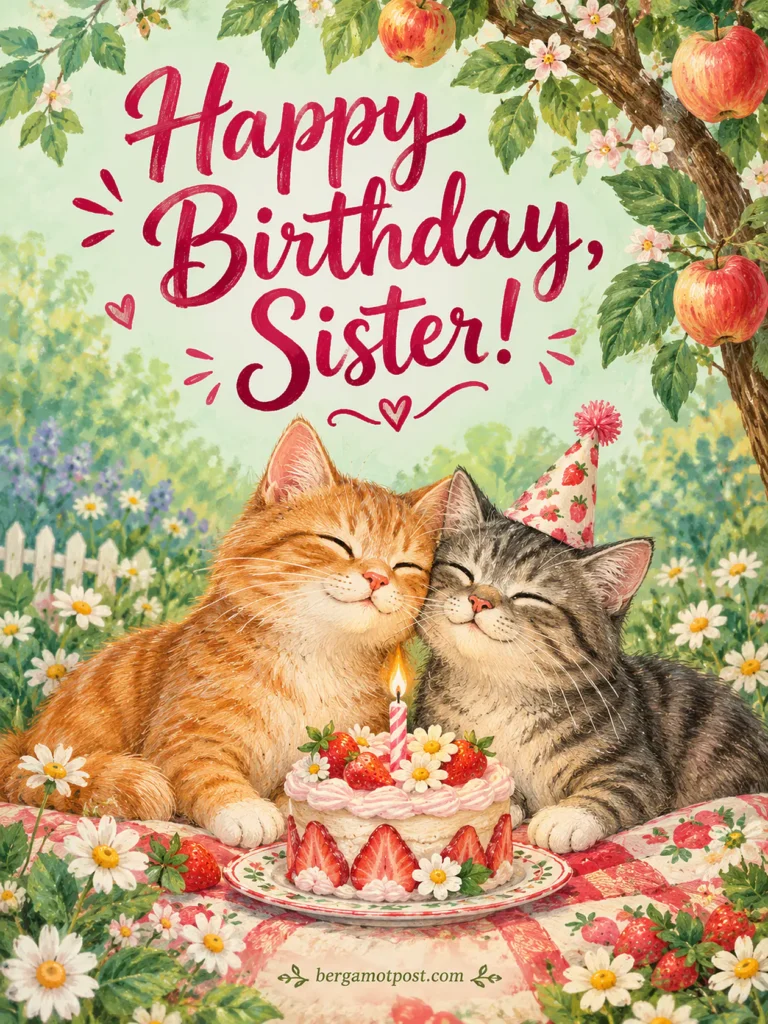 Two Kittens and a Strawberry Cake: Happy Birthday Wishes for Sister