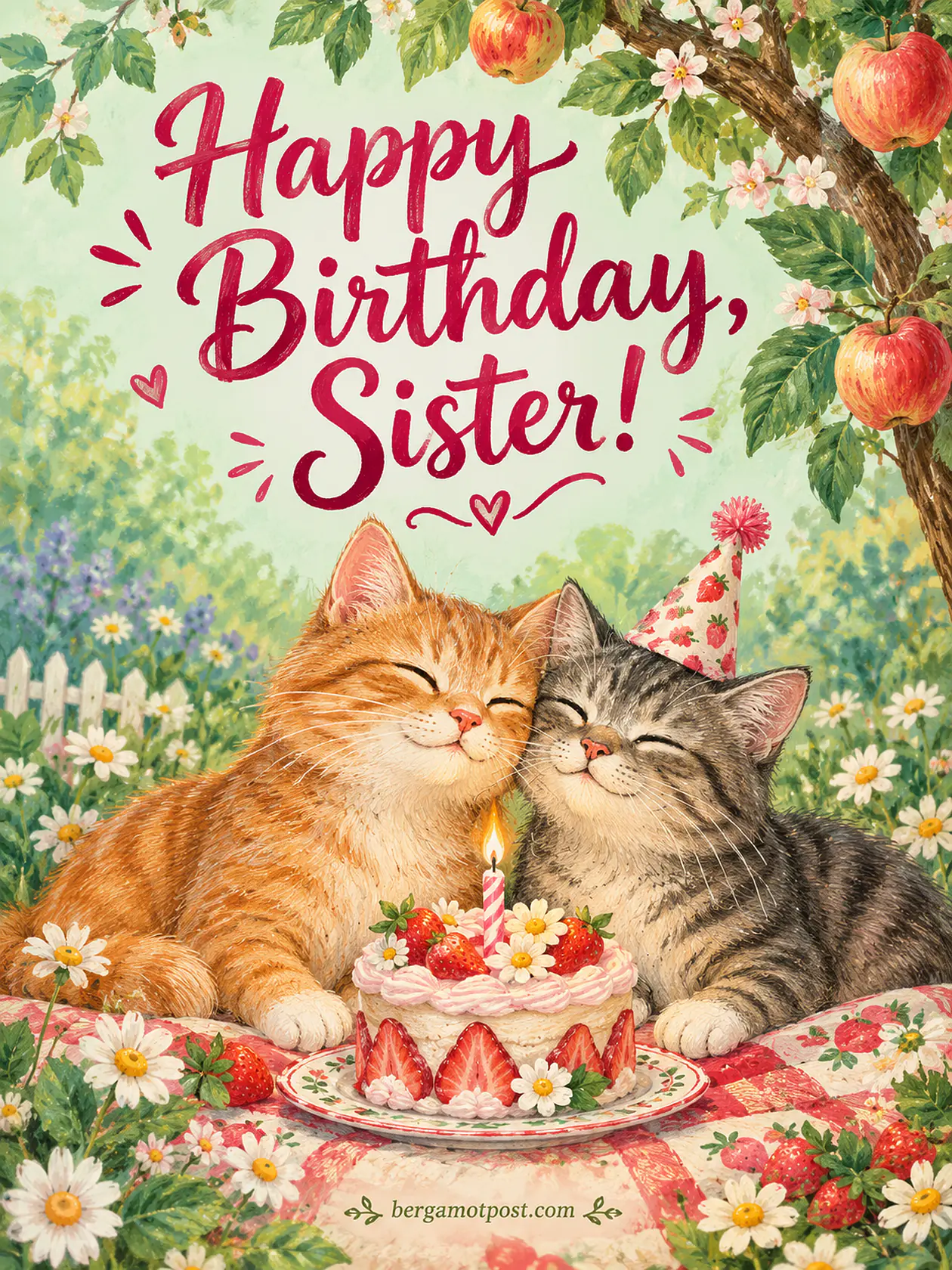 Two Kittens and a Strawberry Cake: Happy Birthday Wishes for Sister