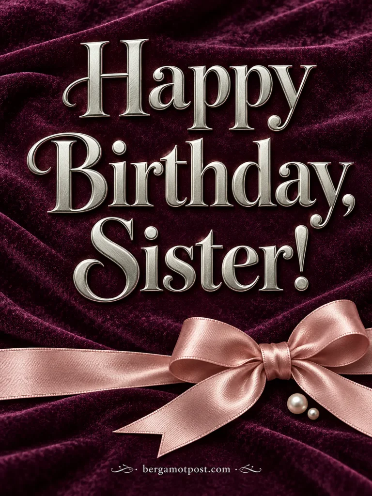 Elegant Happy Birthday Sister Image: Silver Letters on Velvet with a Satin Bow