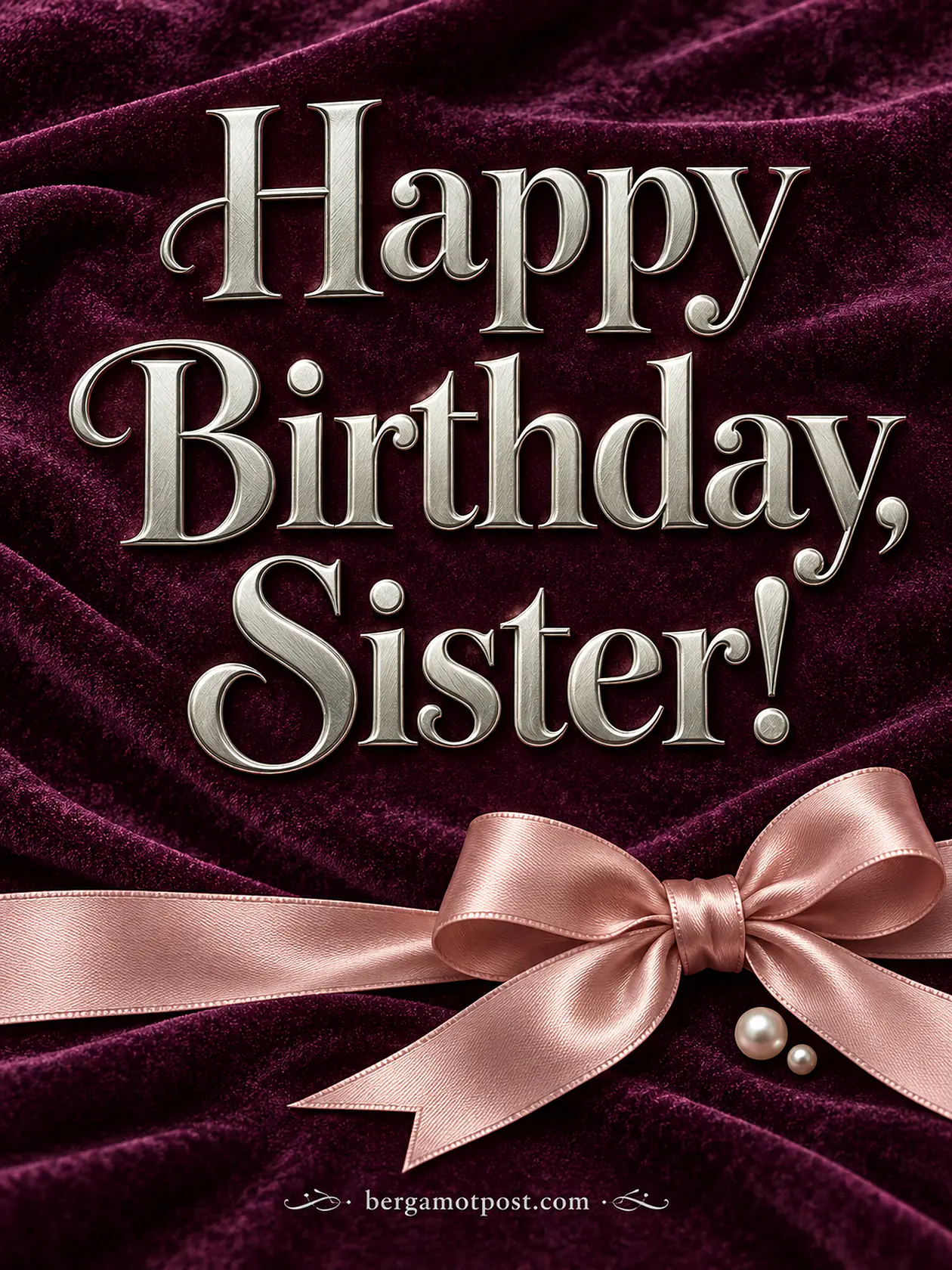 Elegant Happy Birthday Sister Image: Silver Letters on Velvet with a Satin Bow
