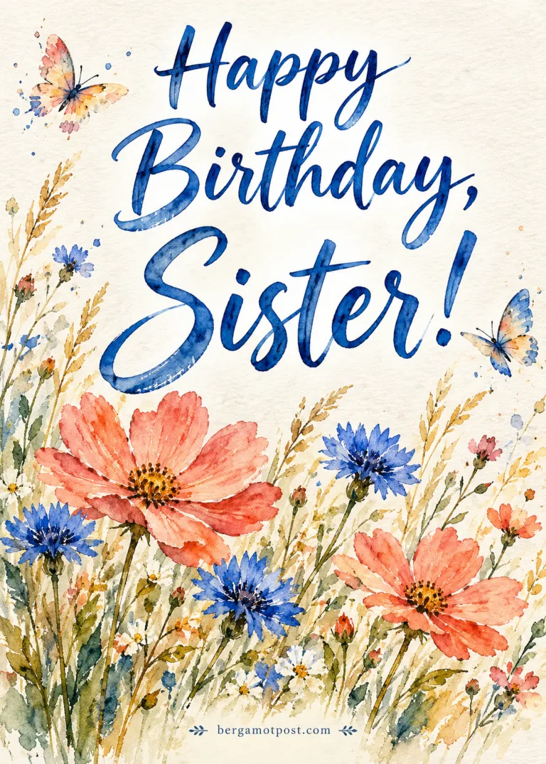 Watercolor Wildflowers Happy Birthday Sister Image with Cosmos, Cornflowers and Butterflies