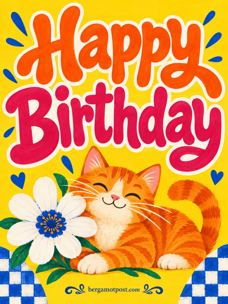 Happy Birthday Image and Wishes — Smiling Orange Cat with a White Flower