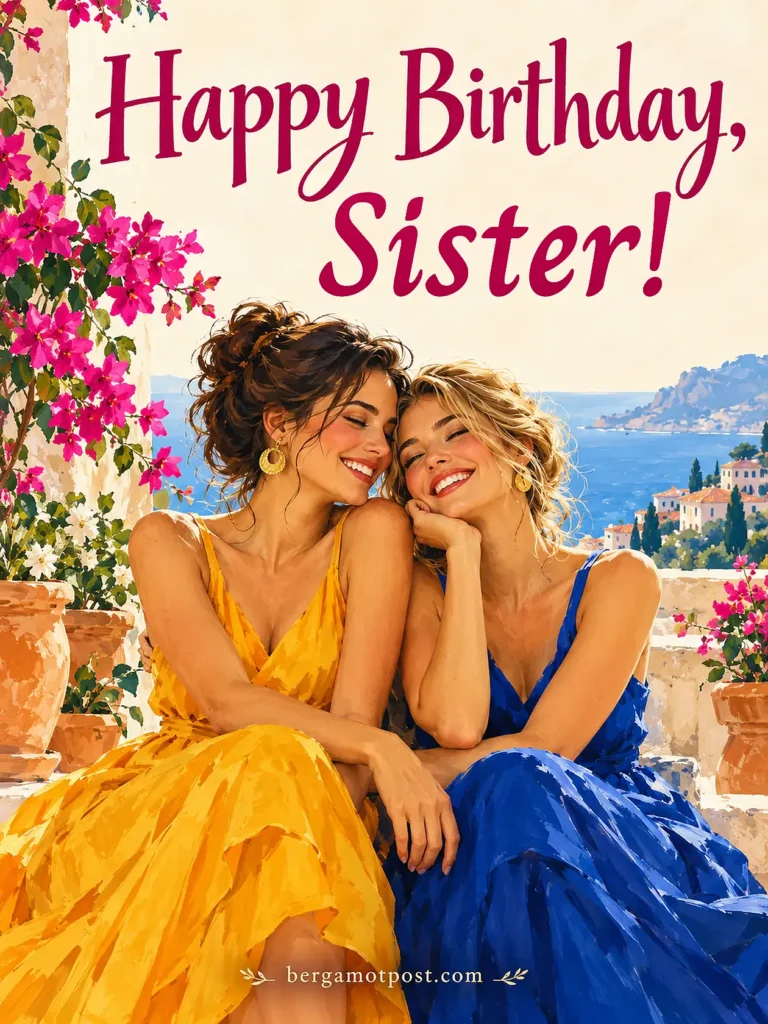 Two Sisters on a Seaside Terrace: Happy Birthday Sister Image and Wishes